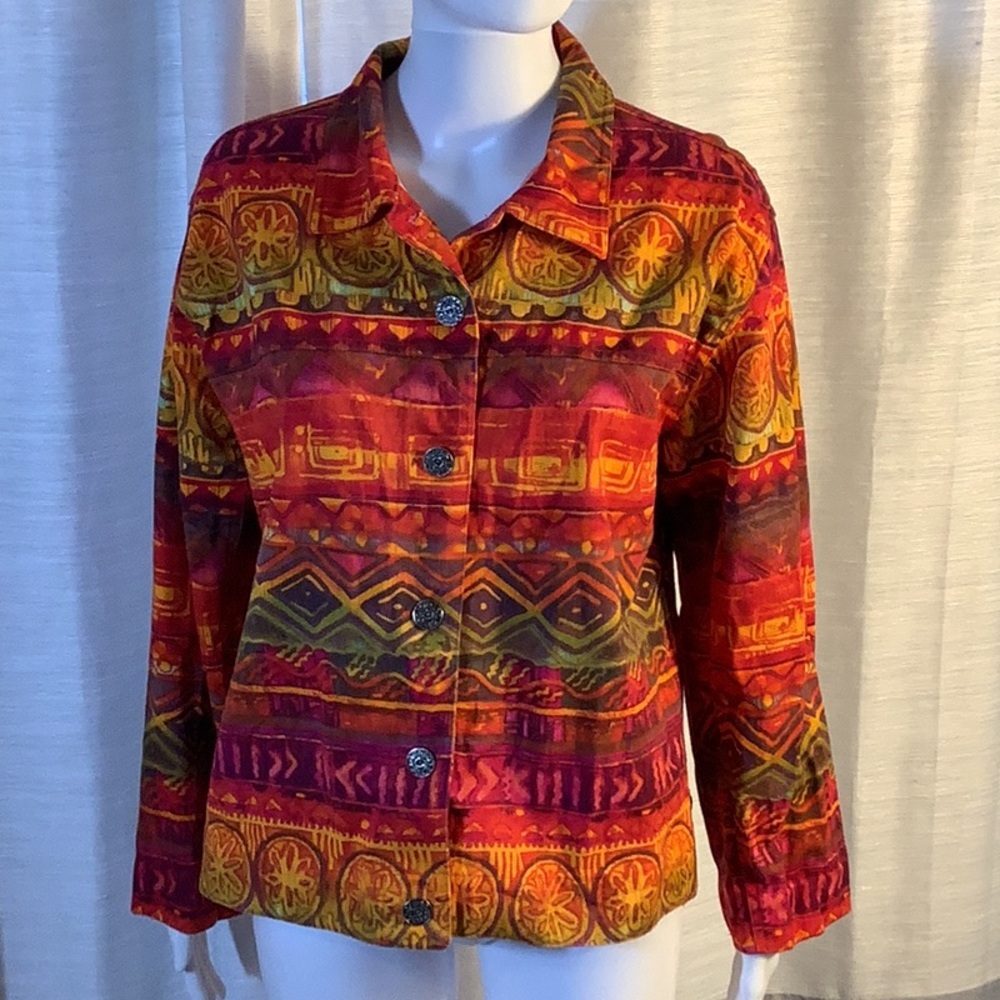 Vintage Chico’s Colorful Tribal Twill Button Front Jean Style Jacket Sz 2 L